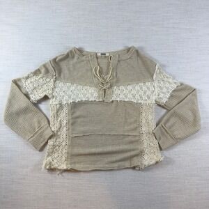 Gimmicks BKE Thermal Lace Up Crochet Panel Top Tan Cream Bohemian Medium